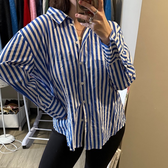 Zara Blue and White Striped Button Down Shirt - Picture 1 of 6